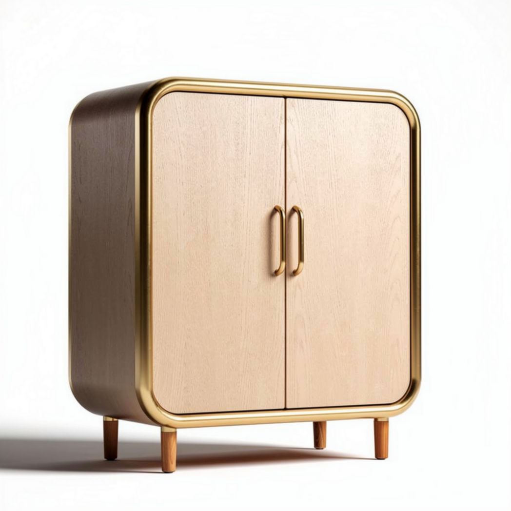 Wooden storage cabinet with gold trim doors and rounded edges 85 x 70 x 40cm