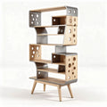 Wooden shelf unit with metal accents and circular cutouts 185 x 90 x 30cm