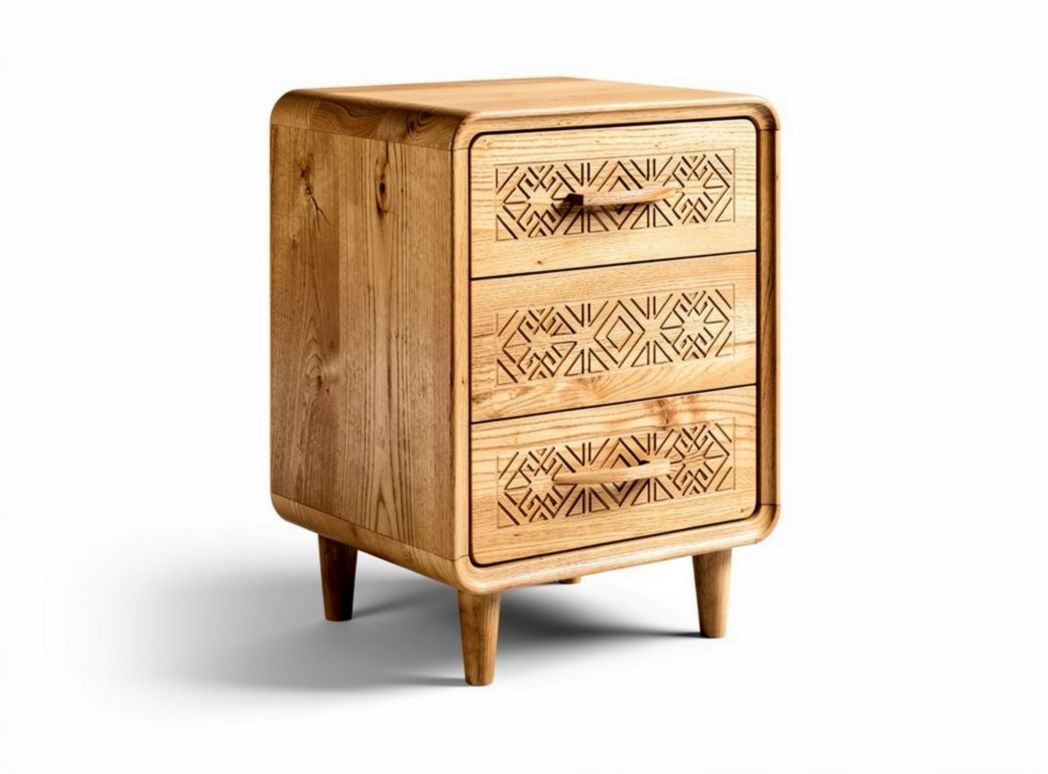 Wooden nightstand with three drawers and carved design 40 x 30 x 60cm