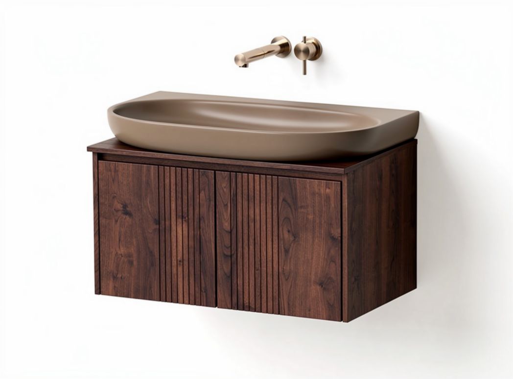 Wall-mounted bathroom vanity with oak cabinet and white ceramic sink 70 x 40 x 20cm