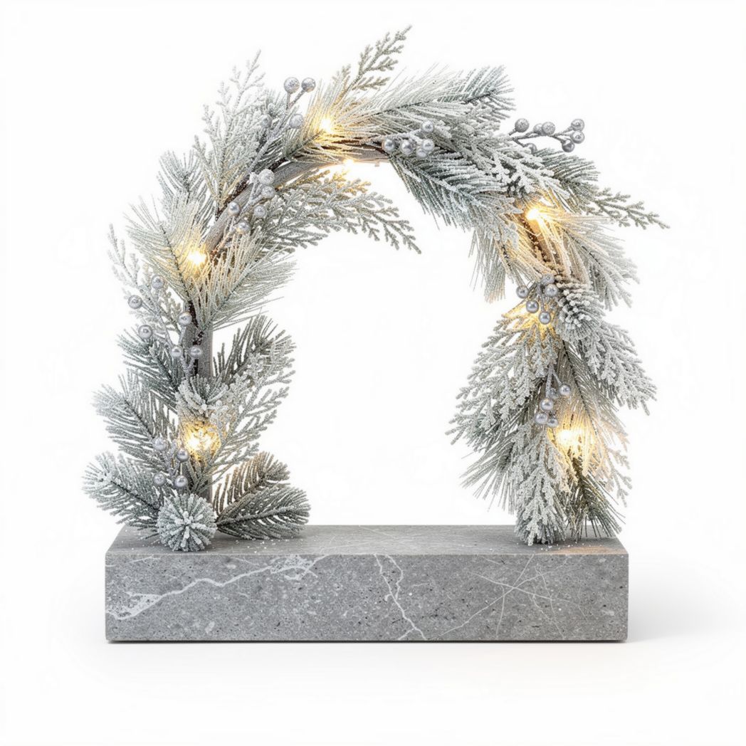 Frosted artificial foliage arch with built-in LED lights and stone base 30 x 20 x 40cm
