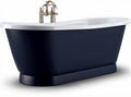 Freestanding navy blue acrylic bathtub with brushed nickel faucet and contemporary design
