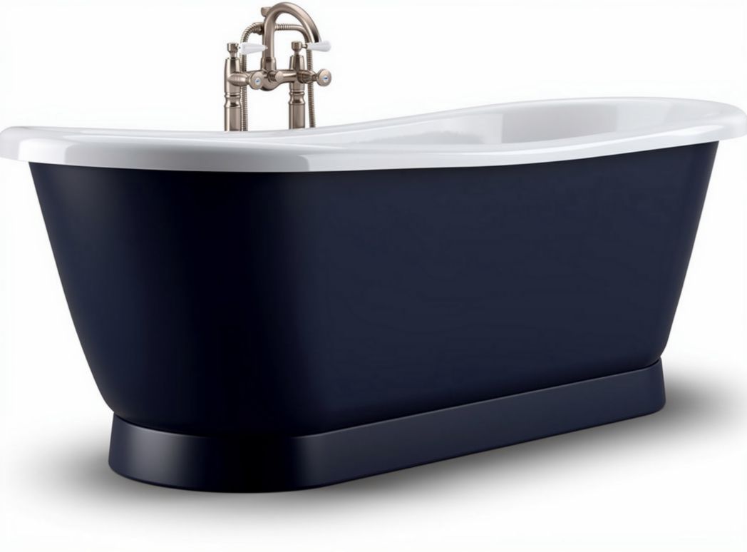Freestanding navy blue acrylic bathtub with brushed nickel faucet and contemporary design
