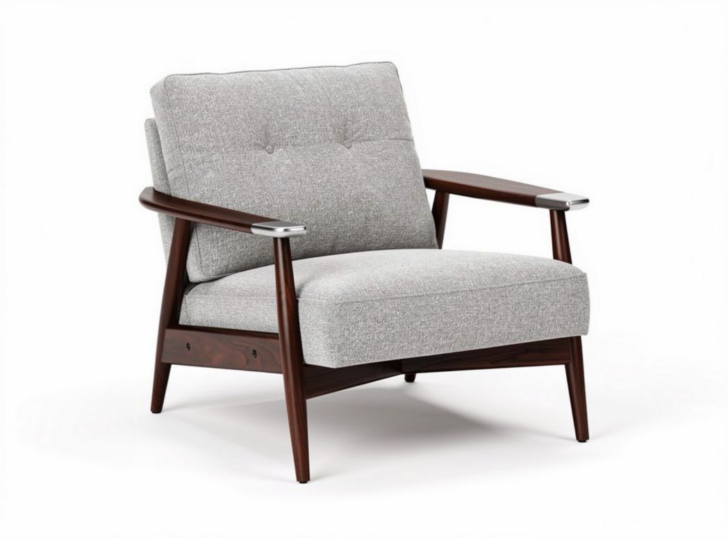 Mid-century modern armchair with gray fabric upholstery and walnut frame