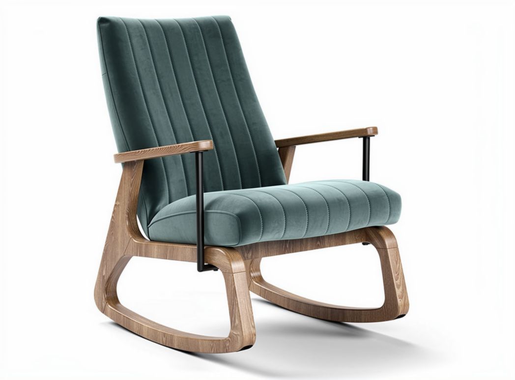 Rocking chair with upholstered teal fabric seat and wood frame 80 x 70 x 95cm