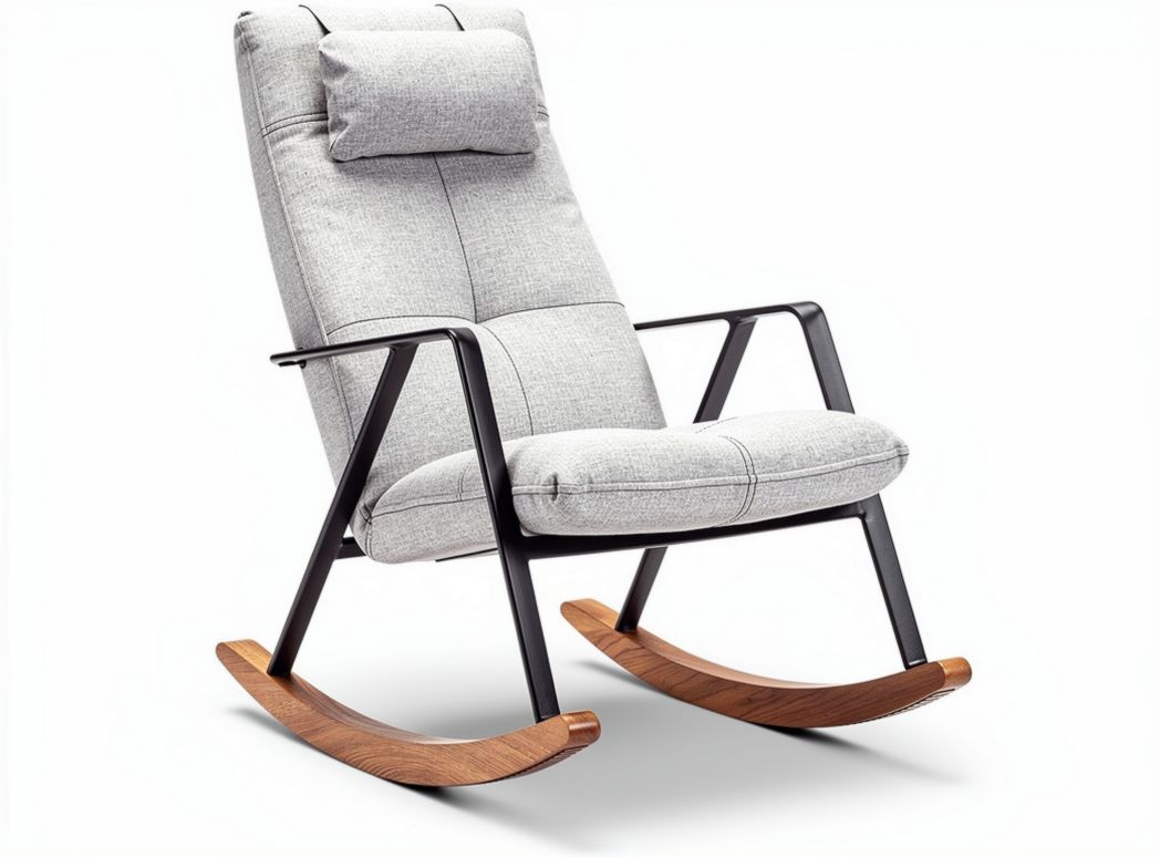 Rocking chair with removable headrest in grey fabric and wooden base